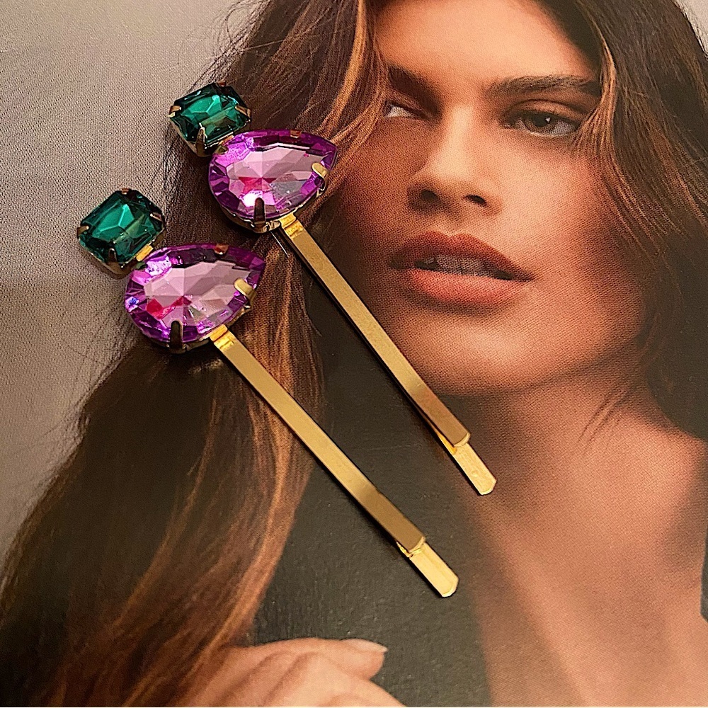 Purple & Green Feminine Festive Rhinestone Hair Pins Lot of 4.